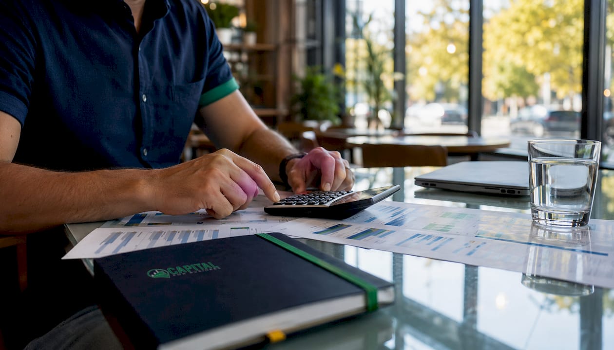 Hands calculating business loan costs with documents