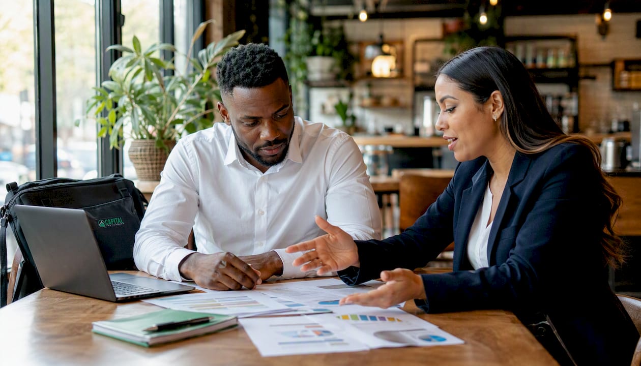 Two partners discussing financing documents in coworking space