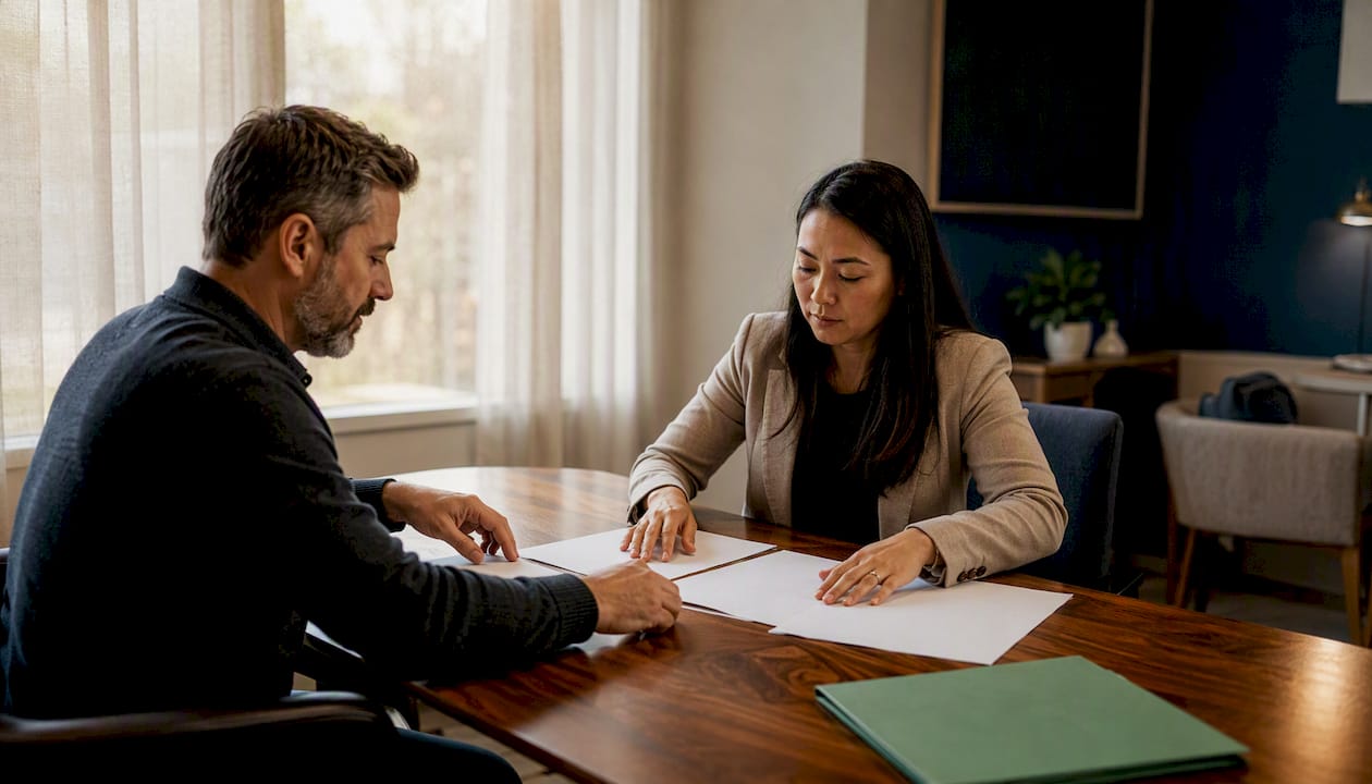 Hands preparing loan documents with advisor