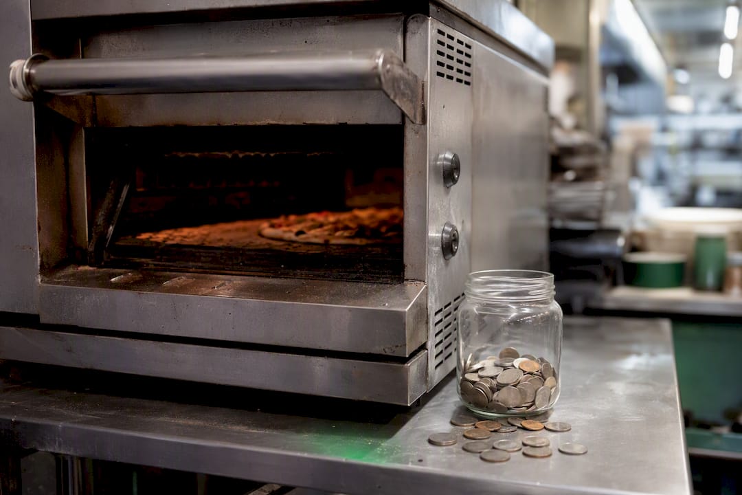 Restaurant oven beside cash reserve jar