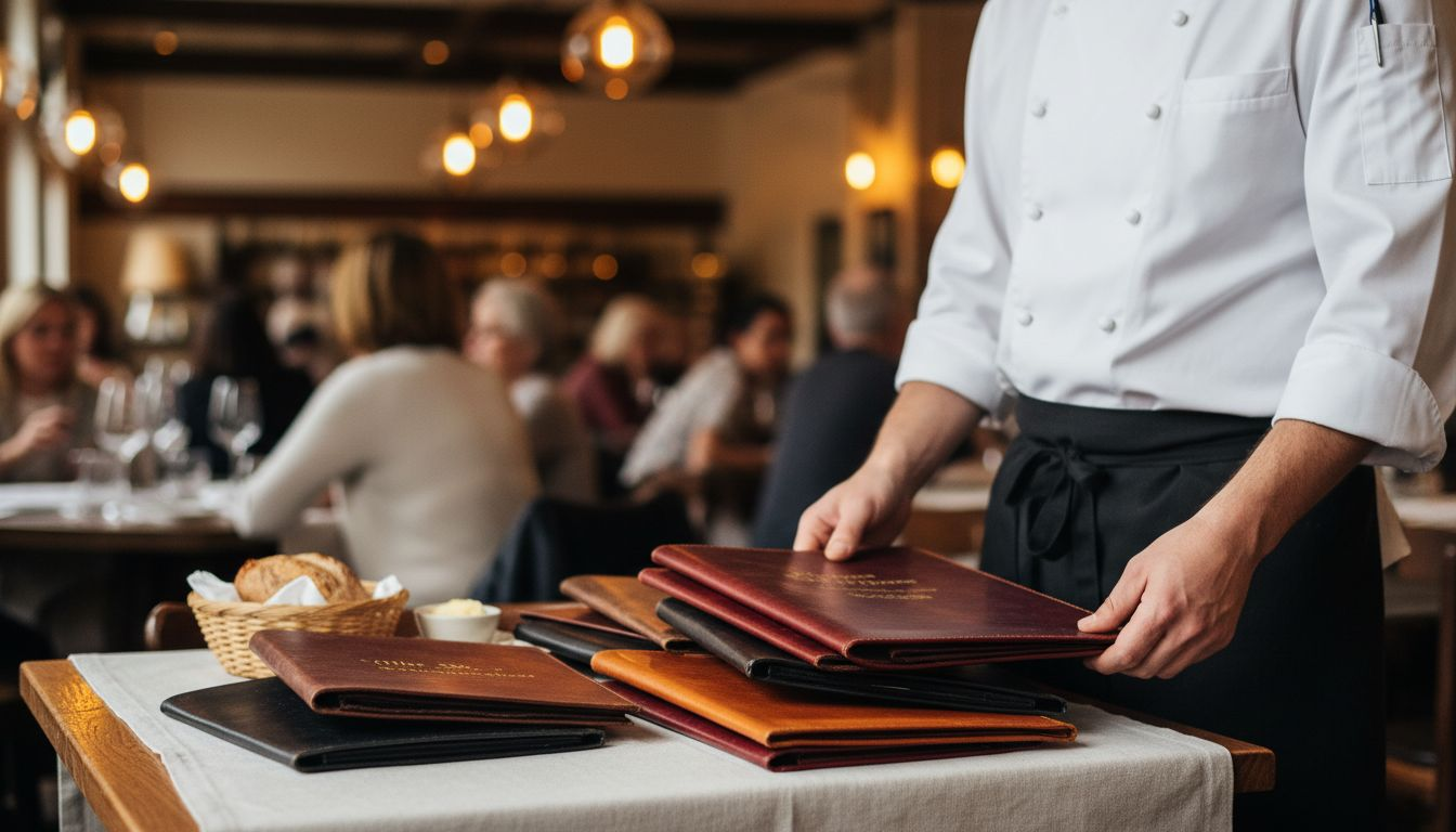 Chef inspecting leather menu accessories table