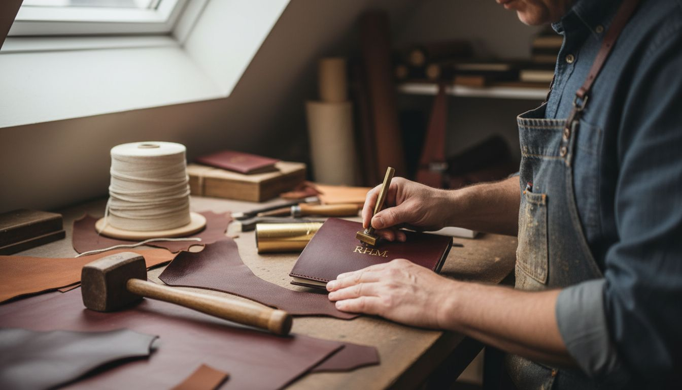 Artisan applying custom monogram to leather gift