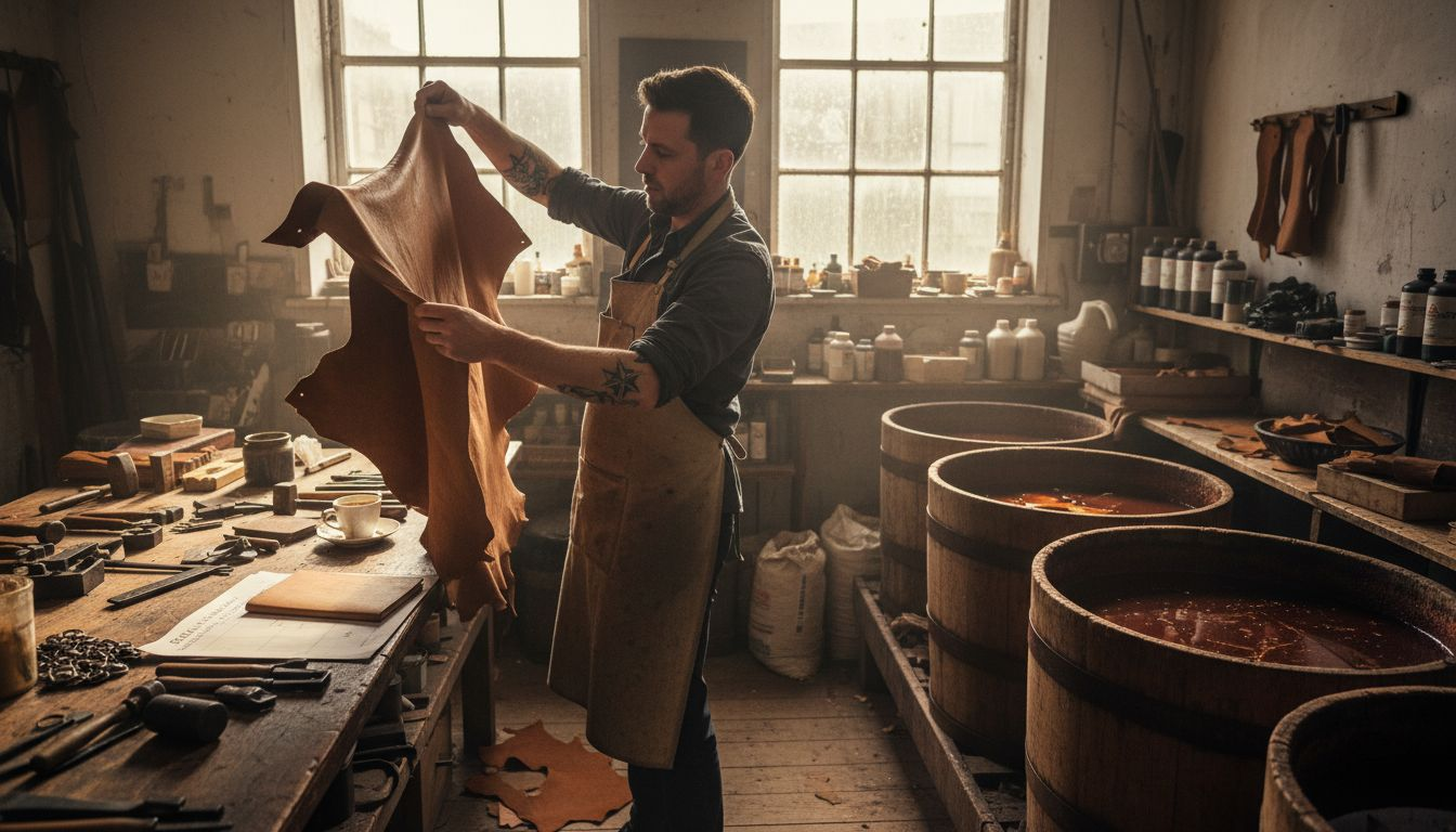 Leather worker reviewing tanned hide in workshop