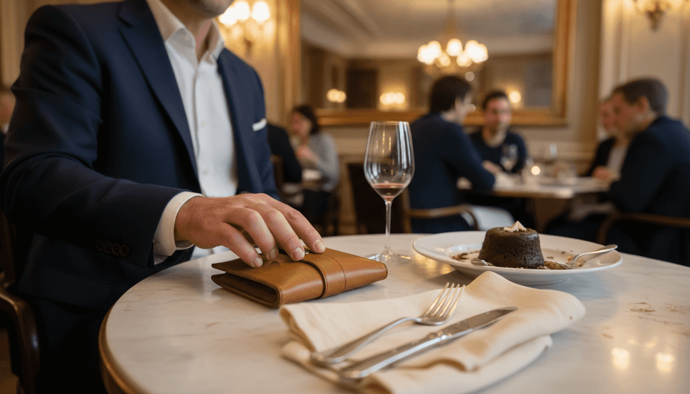 Restaurant guest picking up leather bill presenter