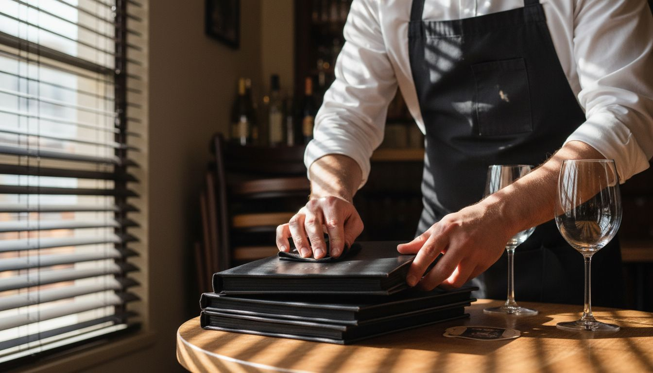 Server cleaning leather menu covers in restaurant