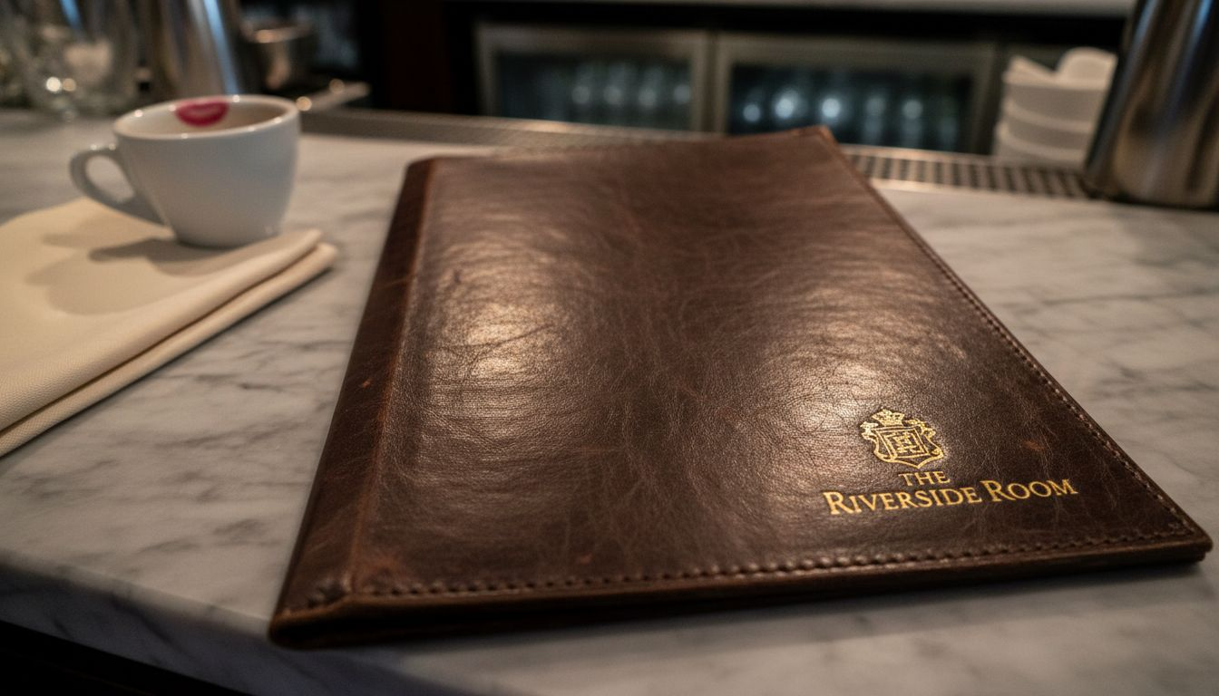 Detailed close-up of custom leather menu cover