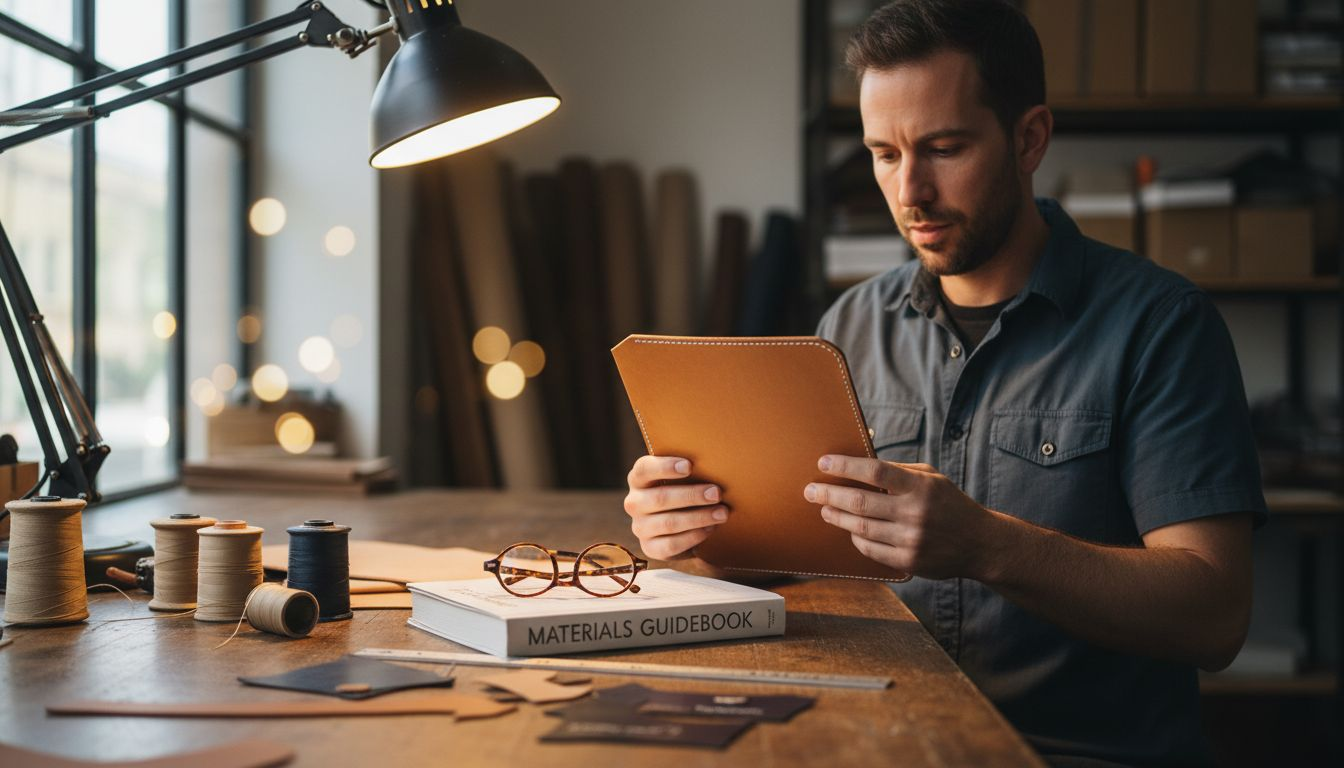 Designer checking leather stitching and quality
