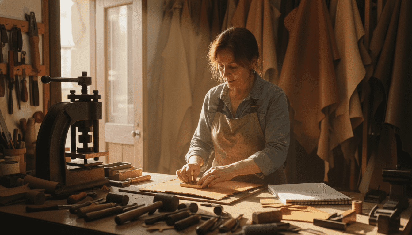 Artisan embossing design onto leather folio gift