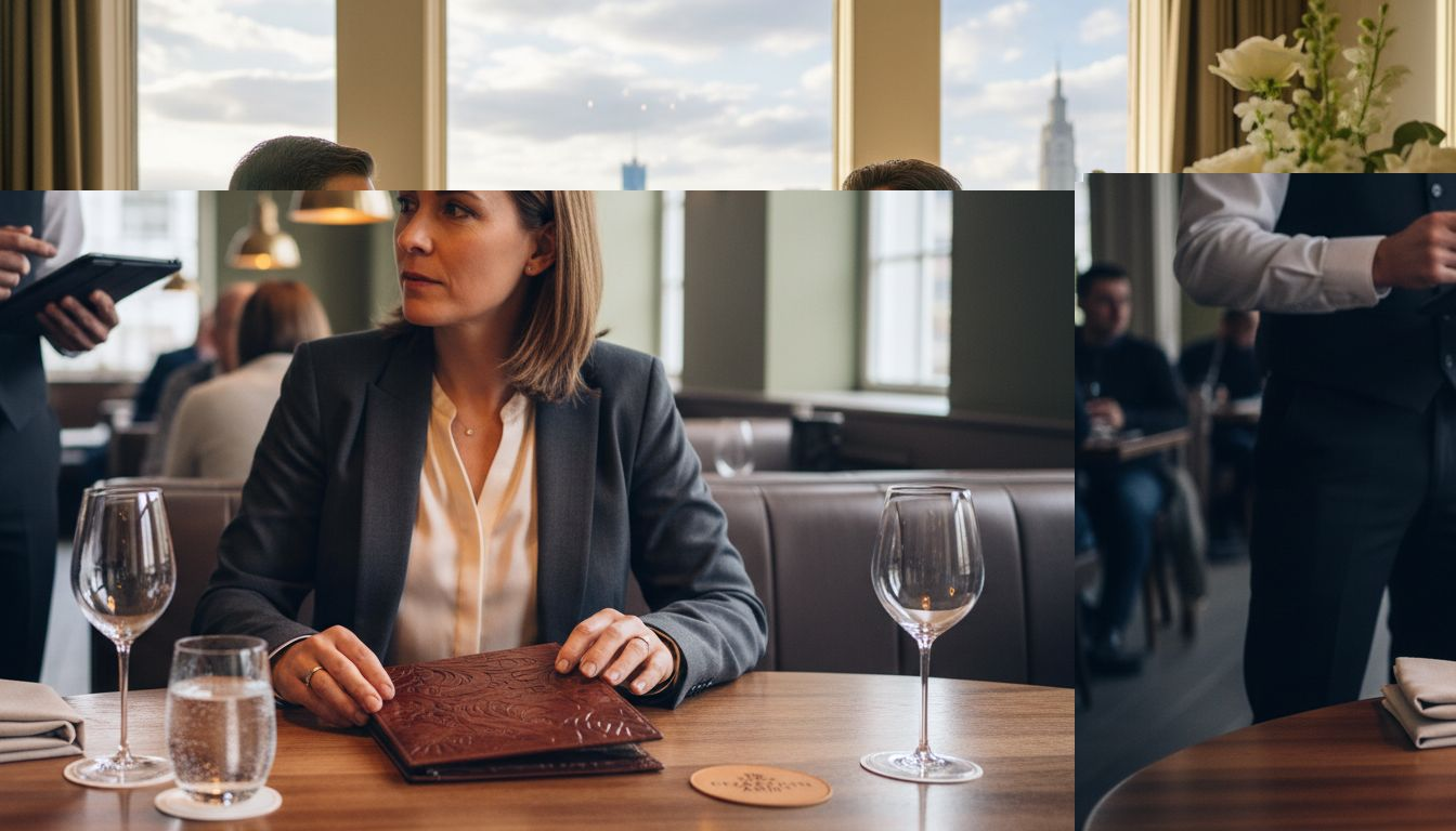 Guest examining embossed leather menu in restaurant