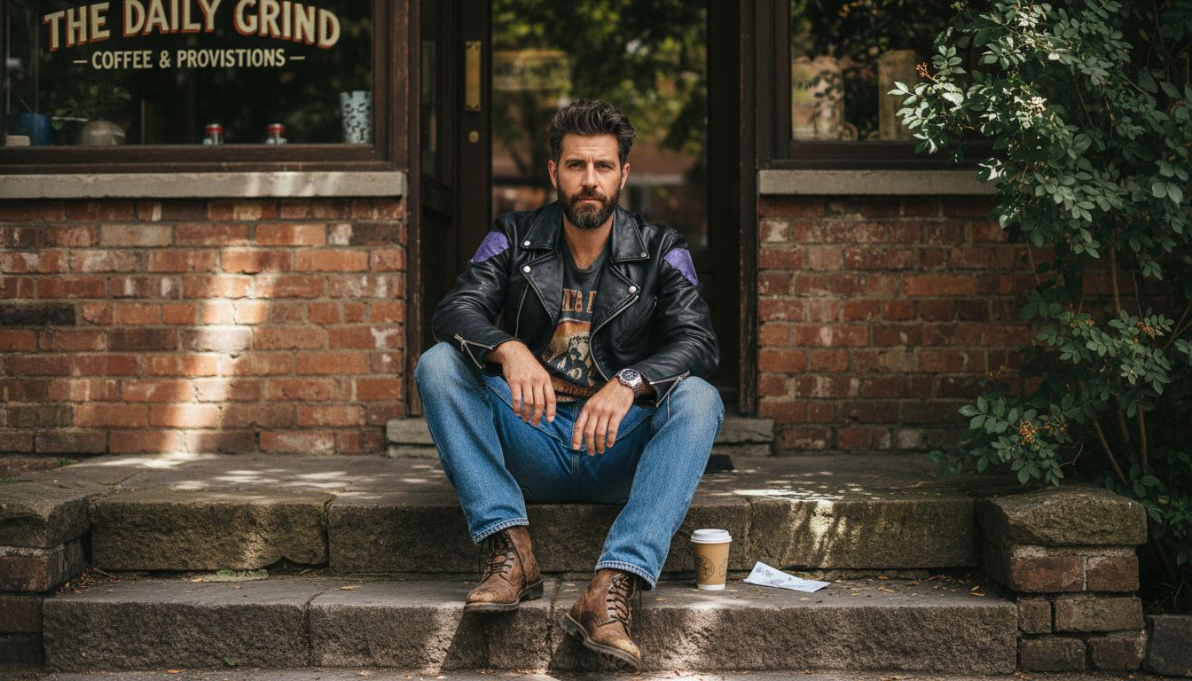 Man layering jacket with denim outside café