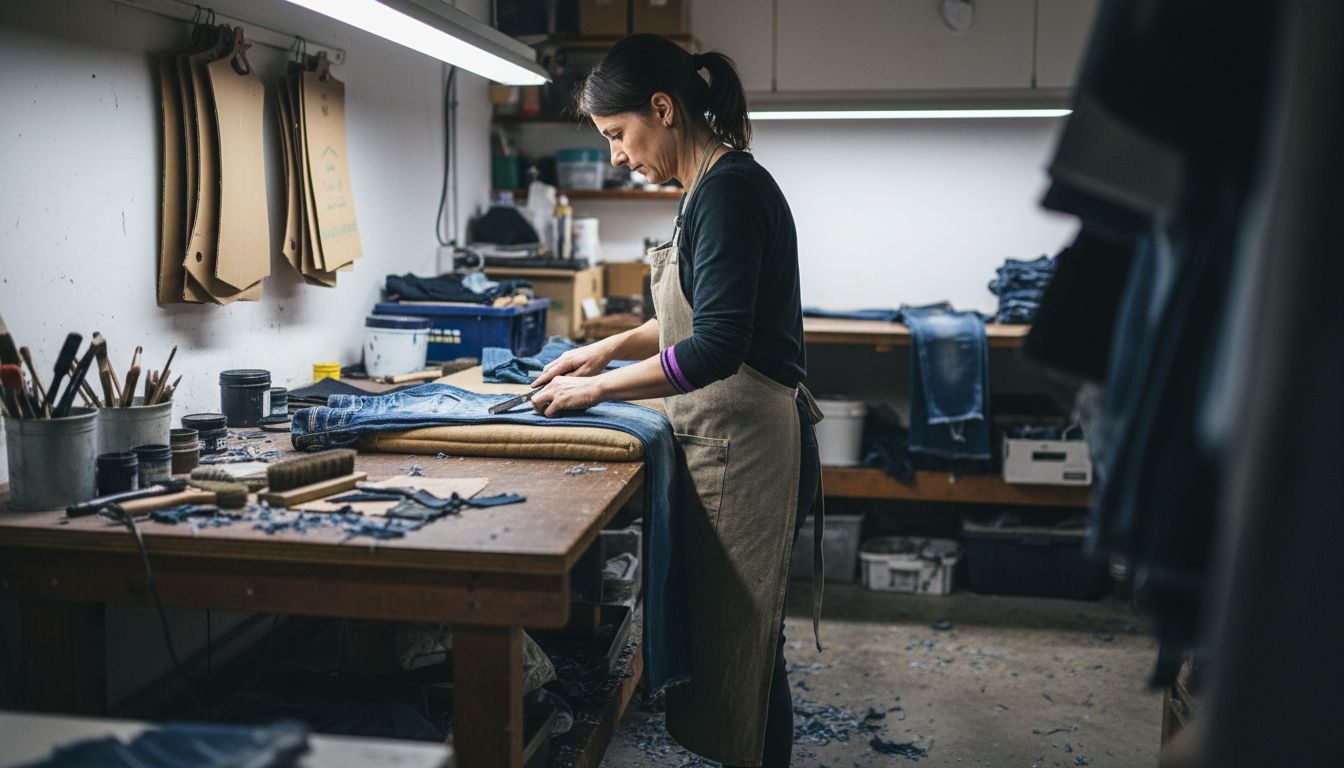 Artisan distressing denim in creative studio