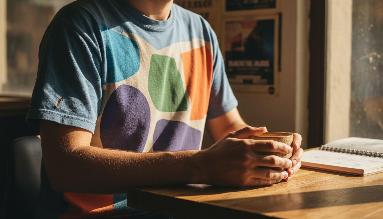 Close-up of hands and graphic tee details