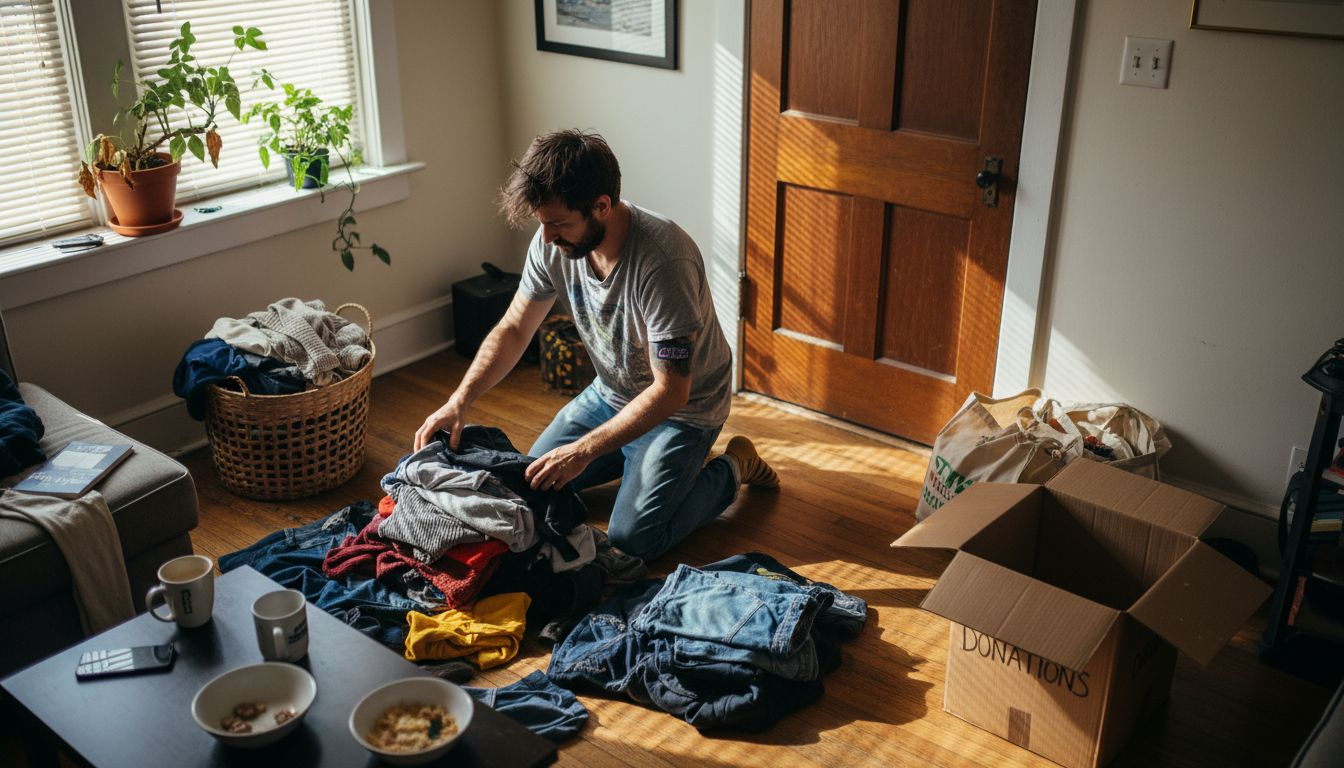 Person sorting vintage clothes at home