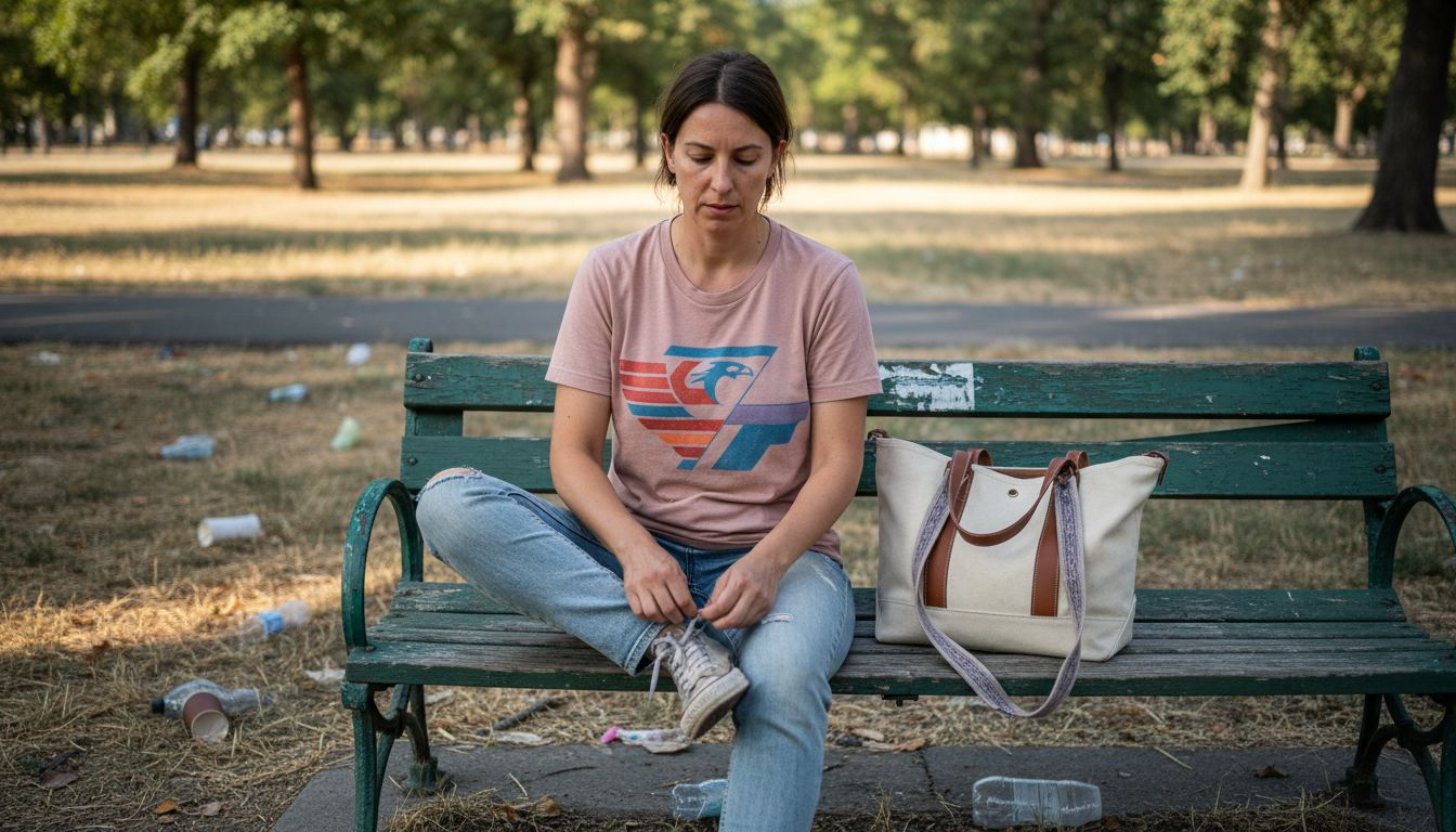 Woman in park wearing expressive logo tee
