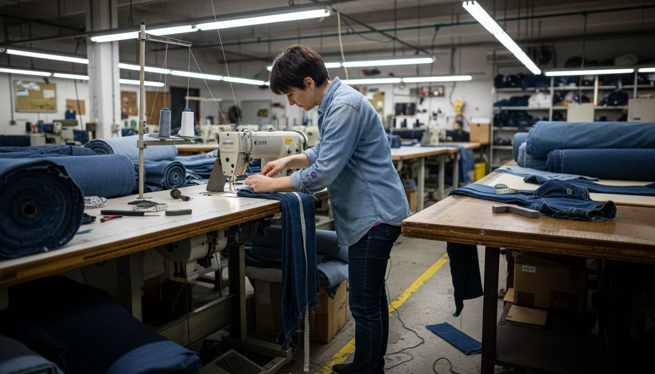 Technician works with denim fabric in workshop