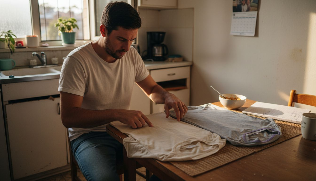Man compares t-shirt fabrics at table