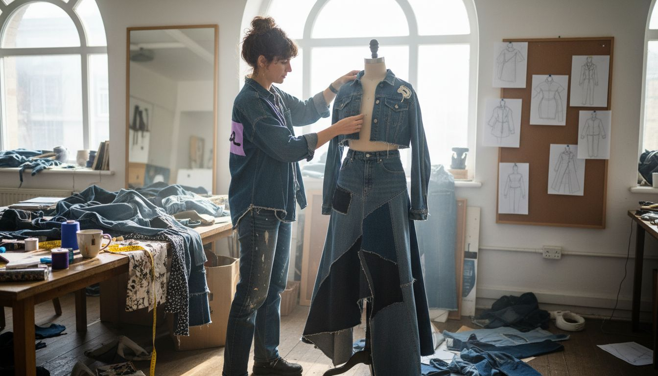 Designer arranging creative denim pieces in studio