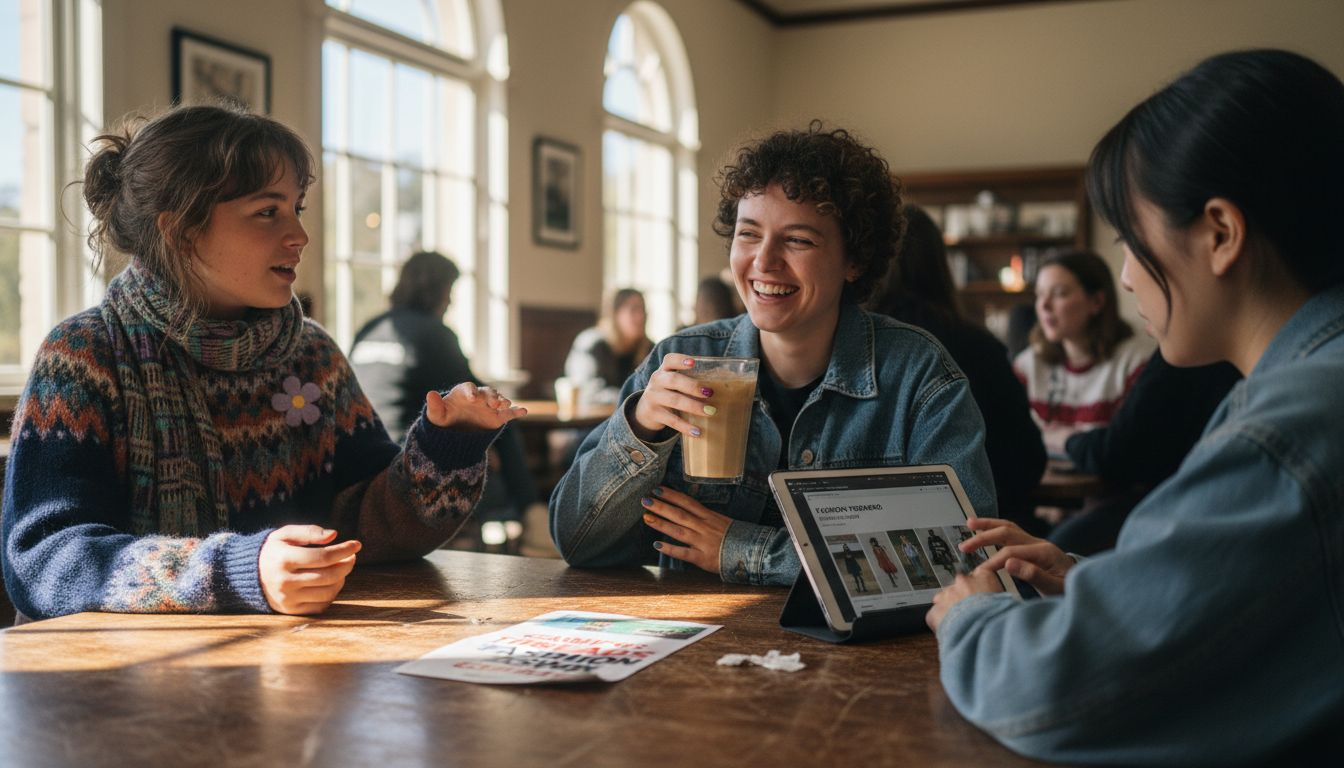 Students discussing fashion trends at café table
