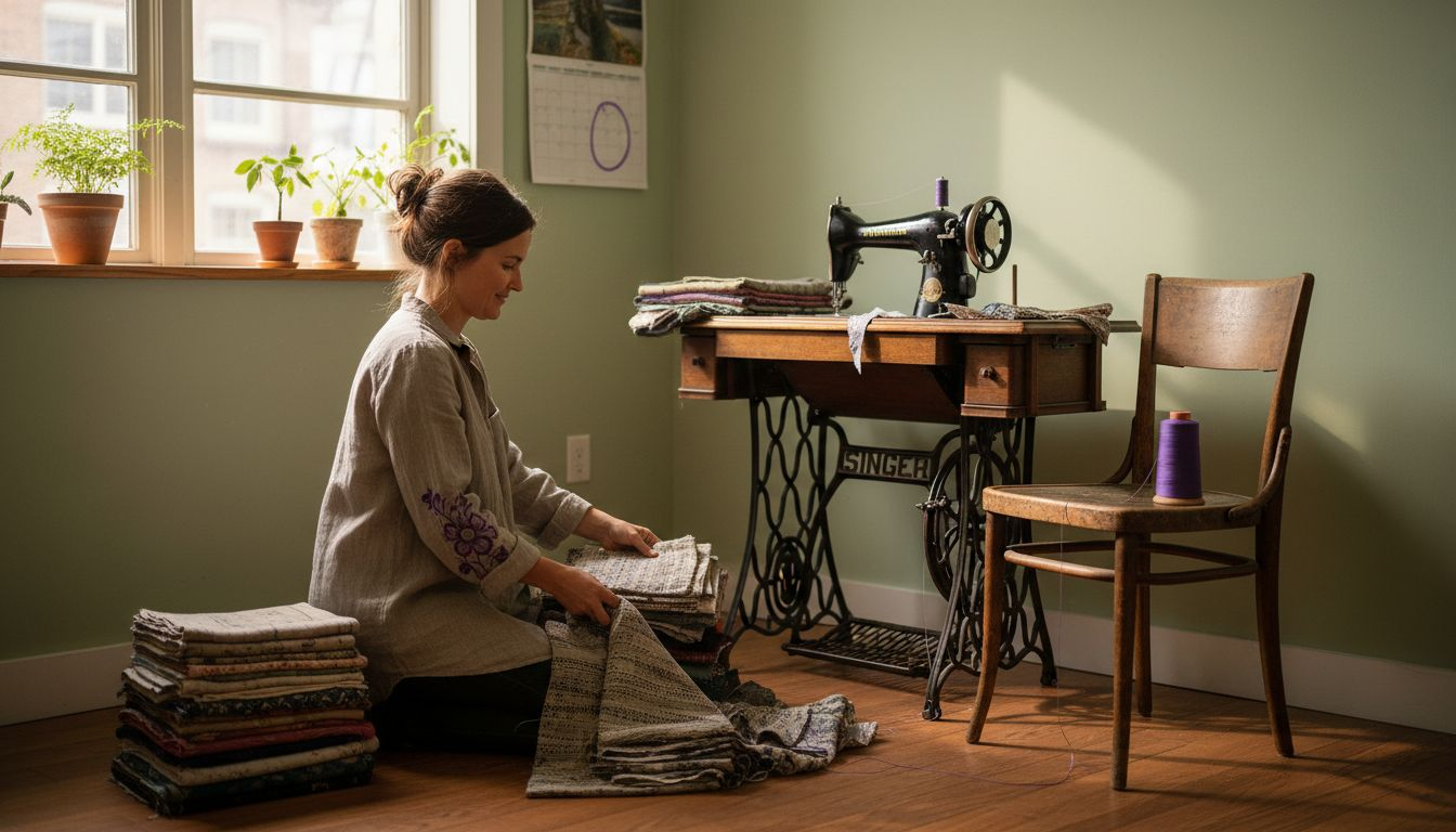 Seamstress organizing upcycled fabric in studio
