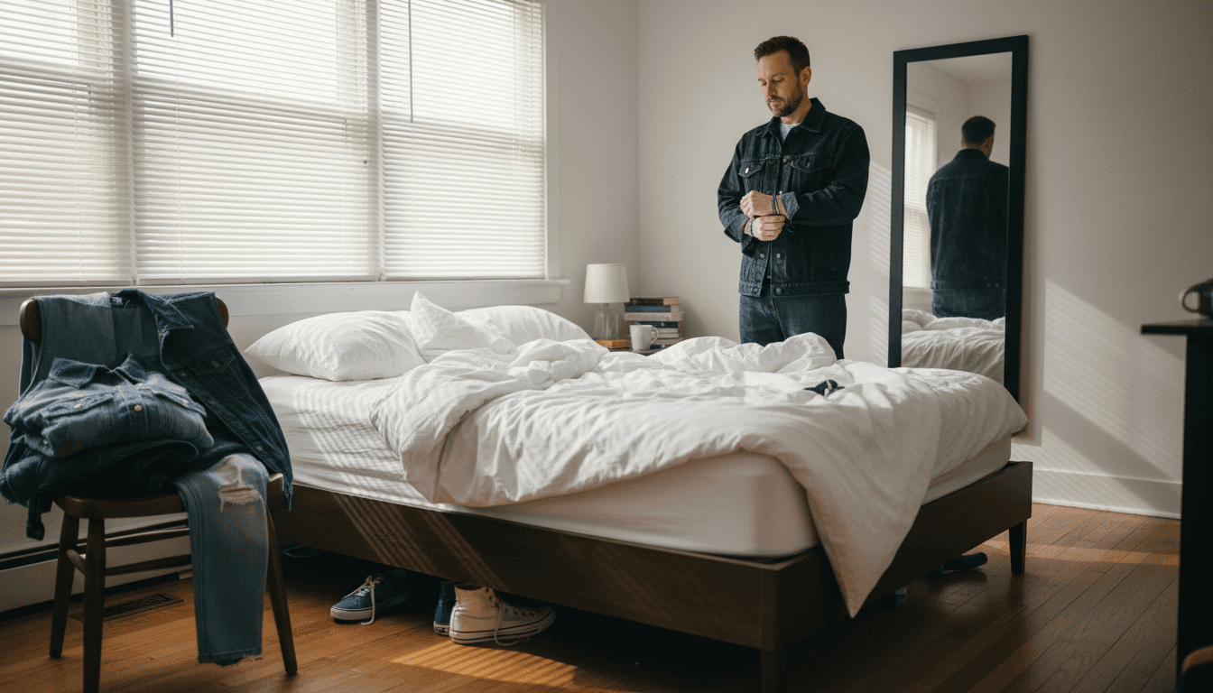 Man adjusting denim jacket in bedroom