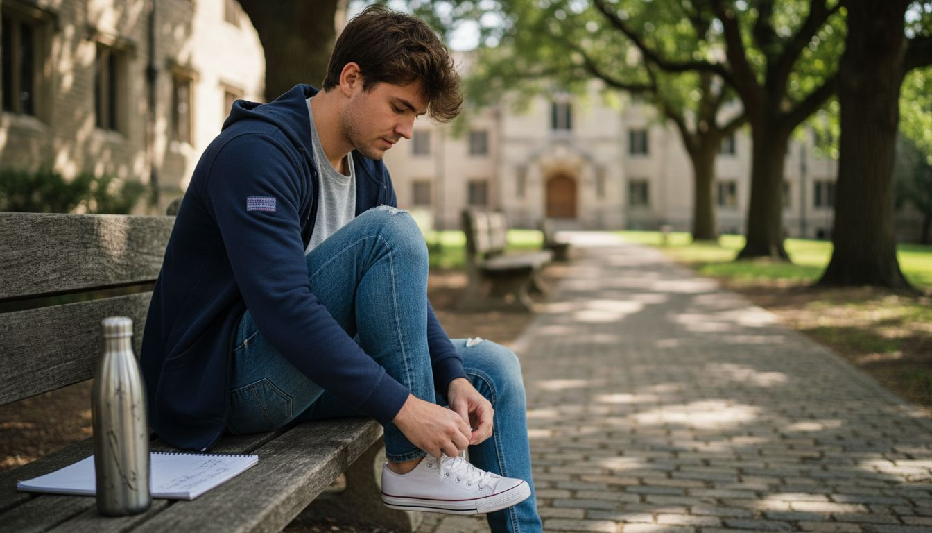 Student layering hoodie, tee, and jeans outdoors