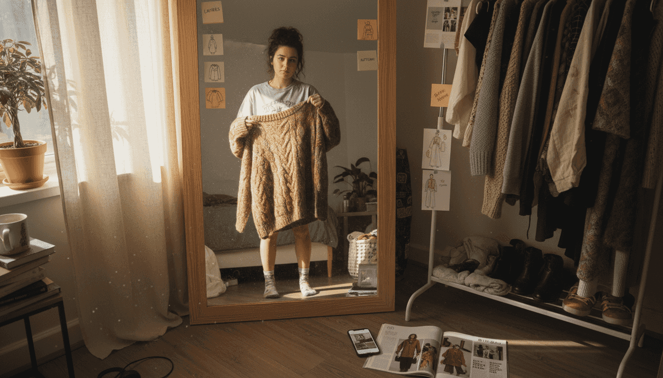Person selecting trendy sweater near clothing rack
