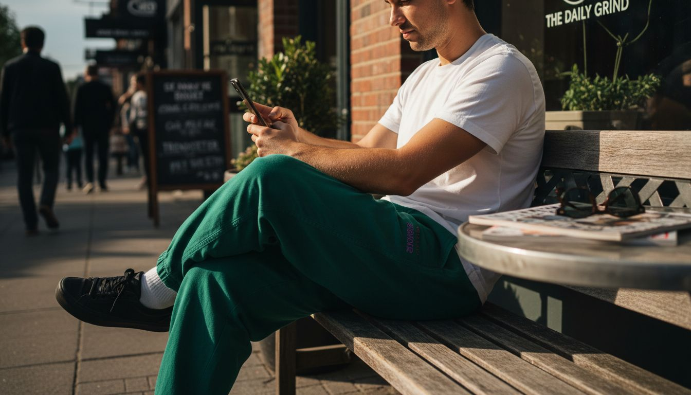 Model wearing balloon pants and white tee