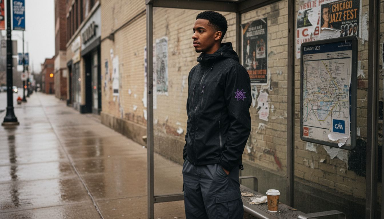 Techwear streetwear at urban bus stop