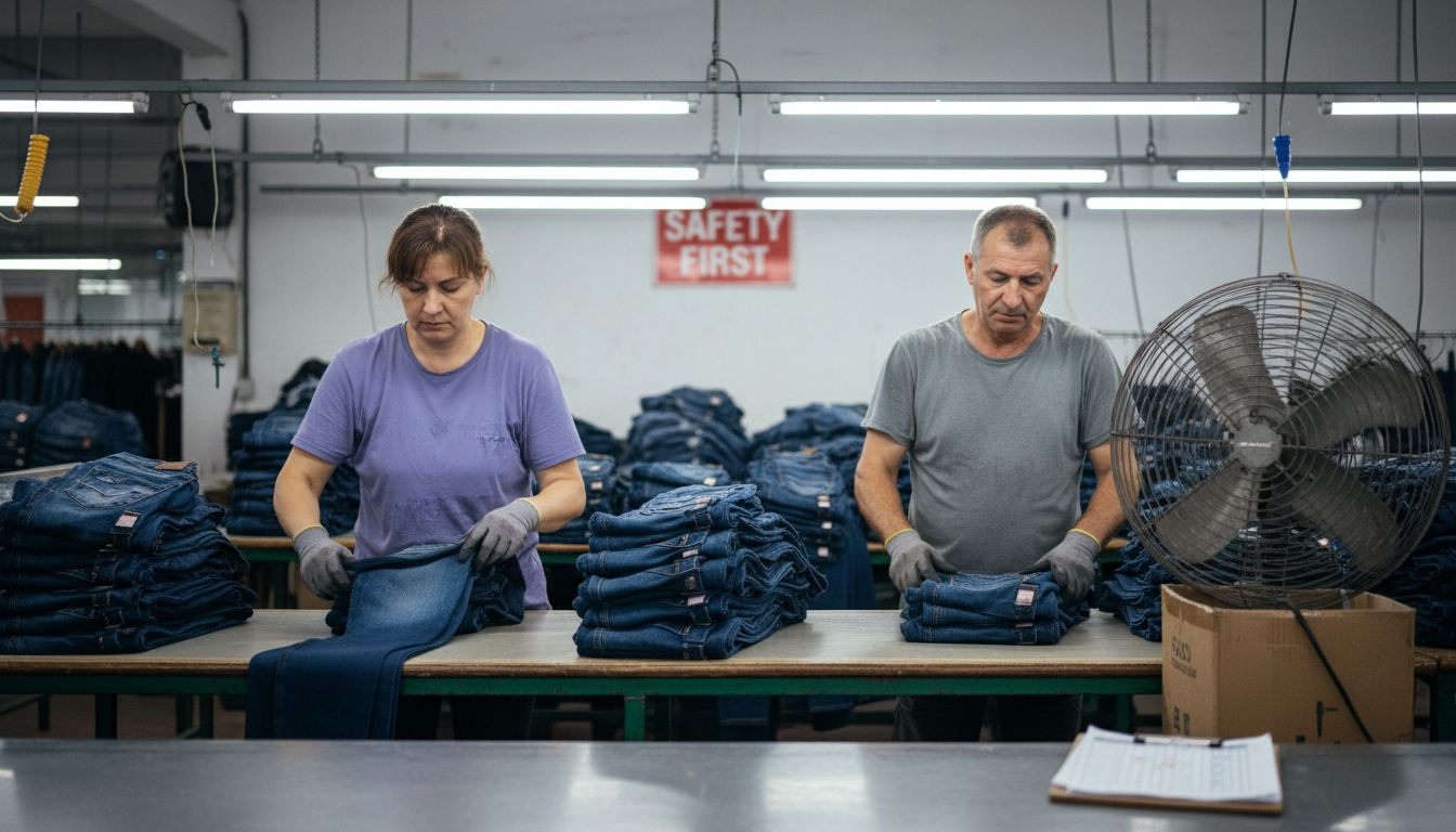 Textile workers sorting jeans in garment factory