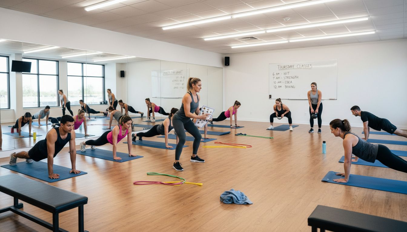 Group class led by instructor in gym studio