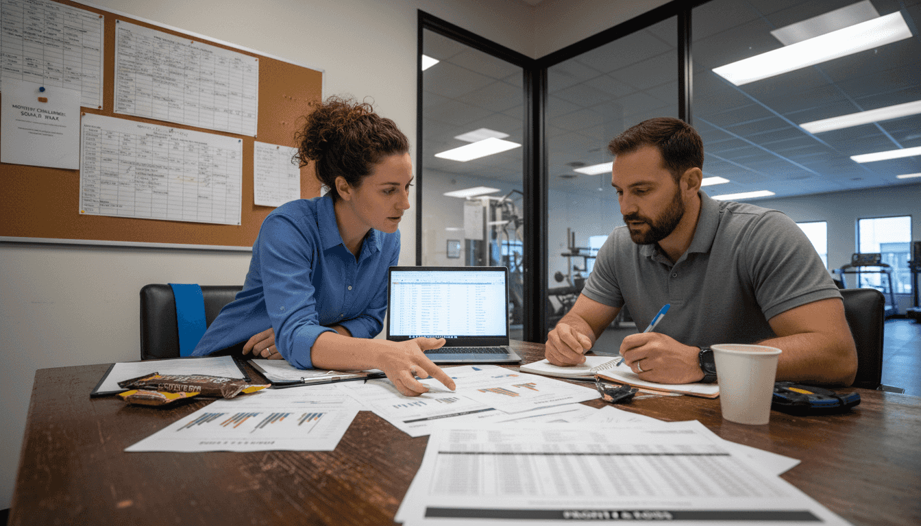 Operations team reviewing gym spreadsheets together