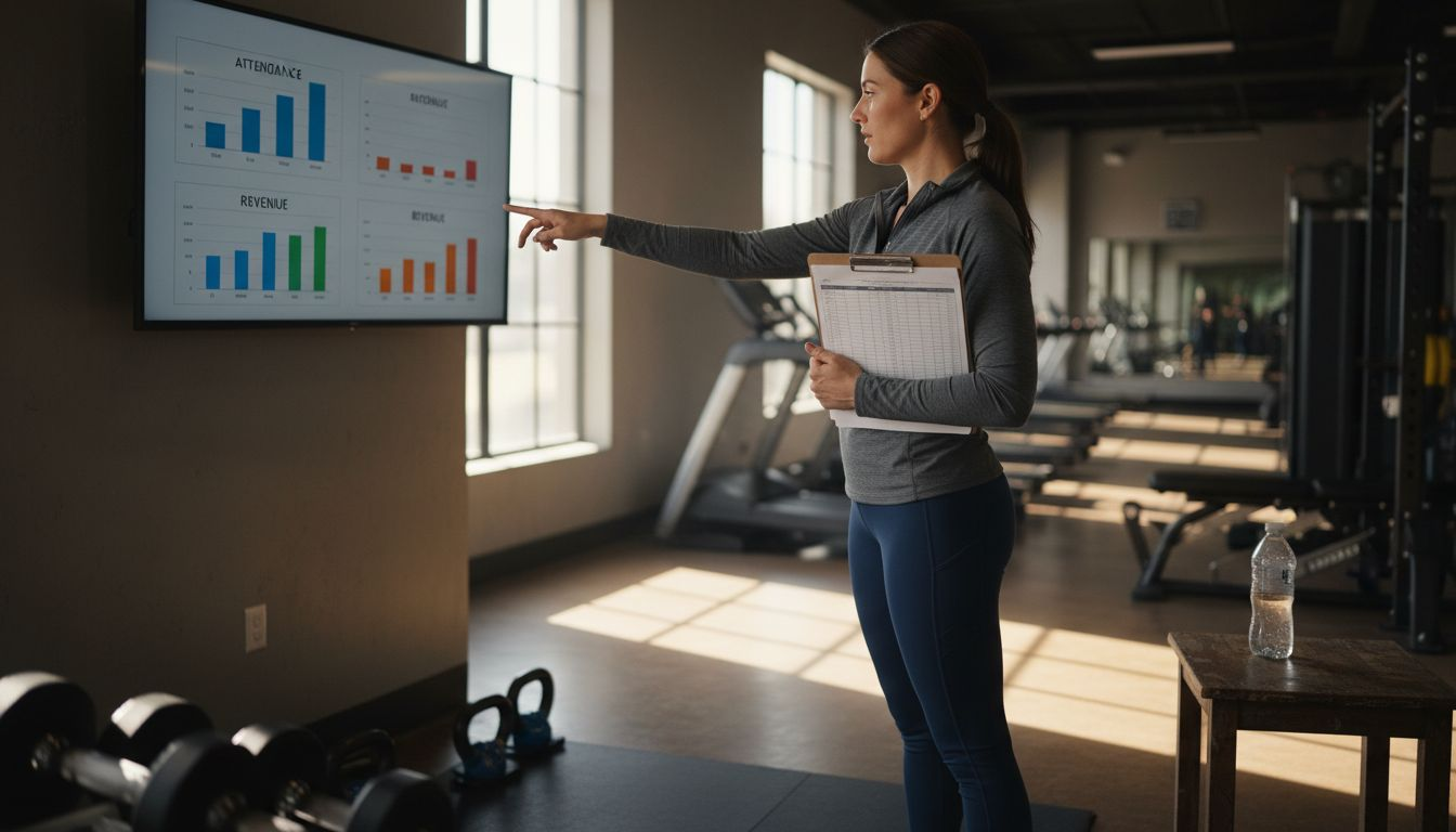 Gym manager reviews data dashboard display