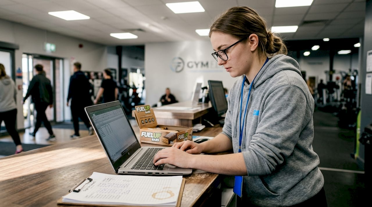 Receptionist doing manual fitness data entry