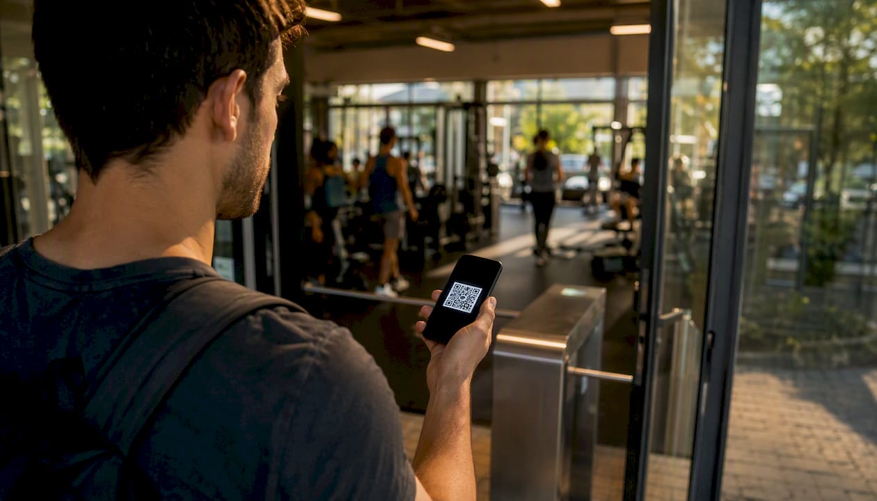 Hand scanning gym entrance with QR code on phone