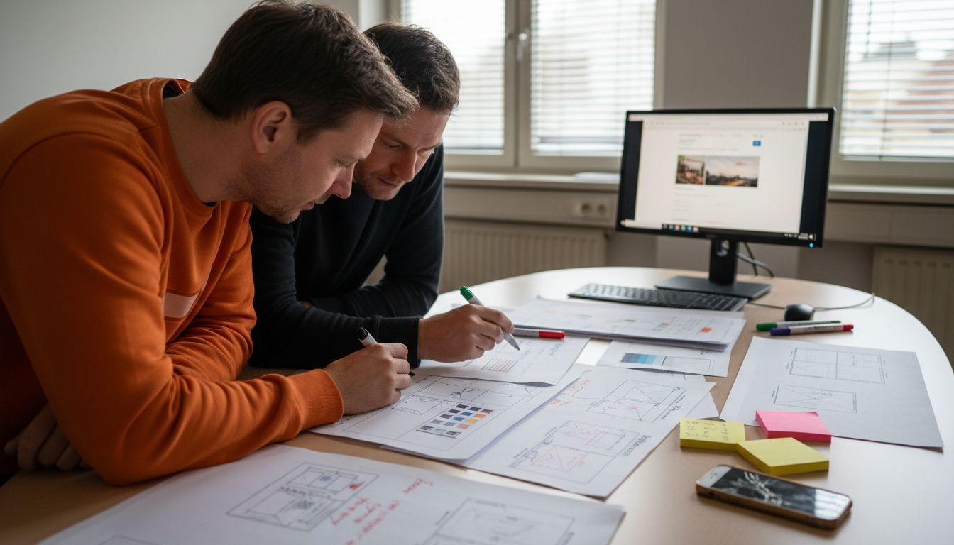Das Team diskutiert das Webdesign anhand von Skizzen auf Papier.