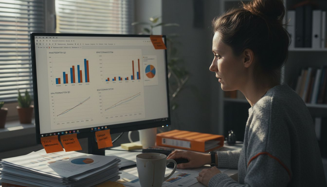 Eine Frau sitzt an ihrem vollgepackten Schreibtisch und wirft einen konzentrierten Blick auf die aktuellen Analysedaten.