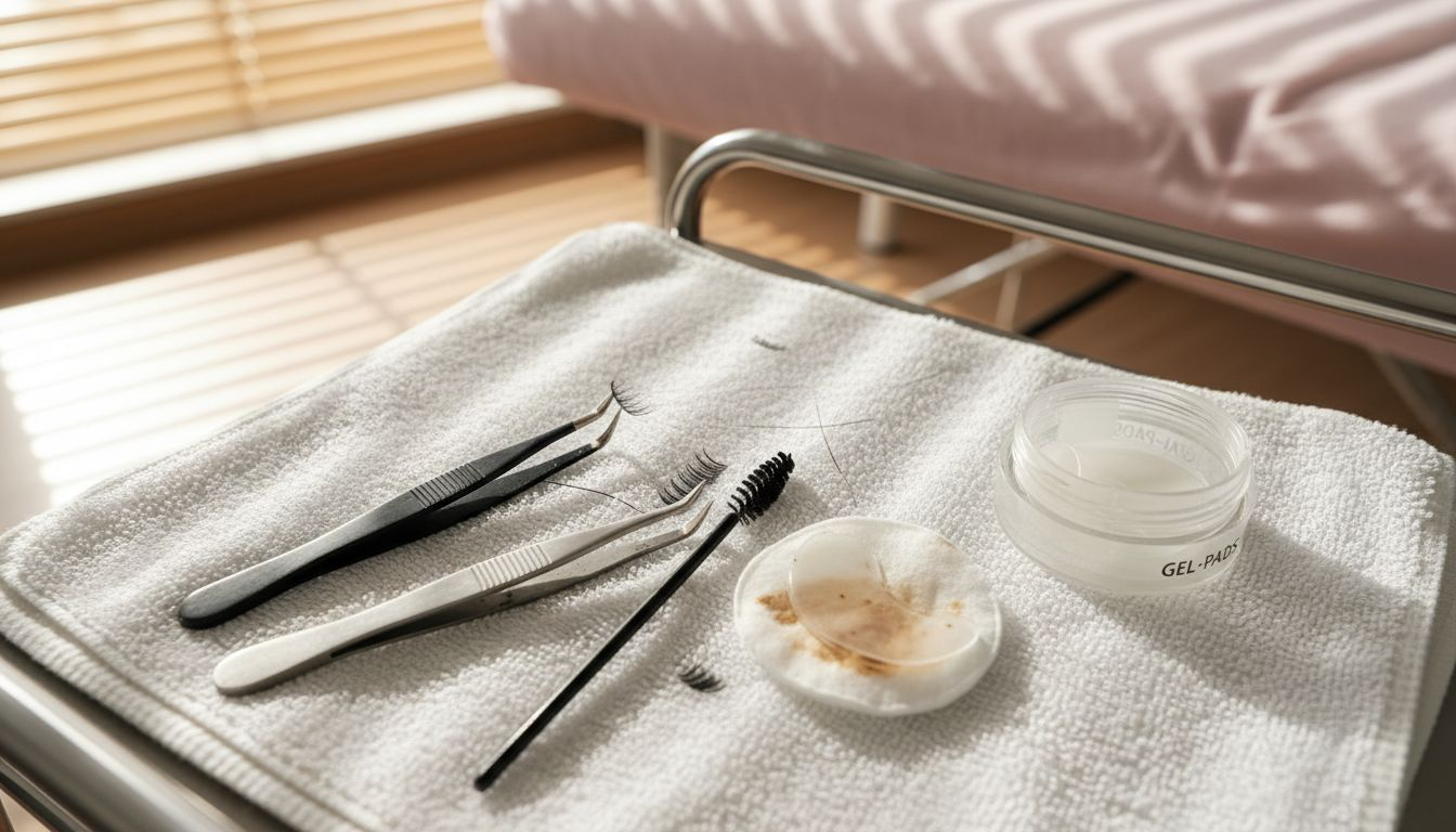 Was ist Wimpernstyling – Professionelle Techniken erklärt 3 Wimpern-Utensilien und Produkte ordentlich auf dem Salonwagen bereitgestellt