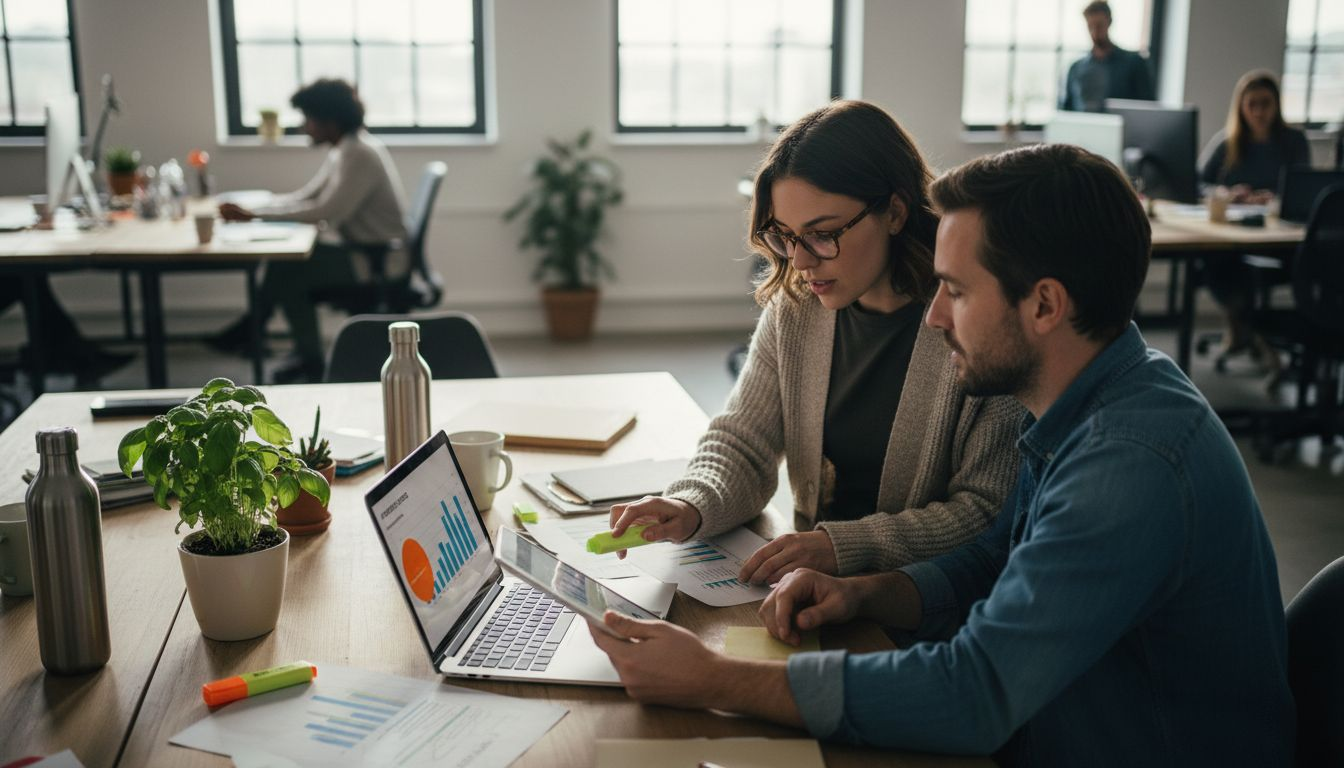 Mitarbeiter stimmen sich bei der Überprüfung von Unterlagen zur Online-Marketing-Strategie ab.