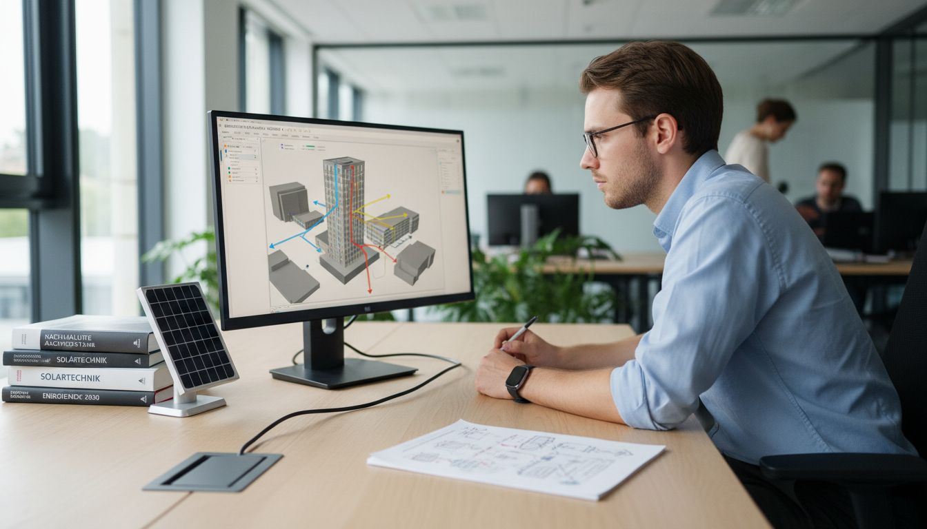 Ein Energieexperte bewertet die Praxistauglichkeit nachhaltiger Energiekonzepte anhand von Simulationen.