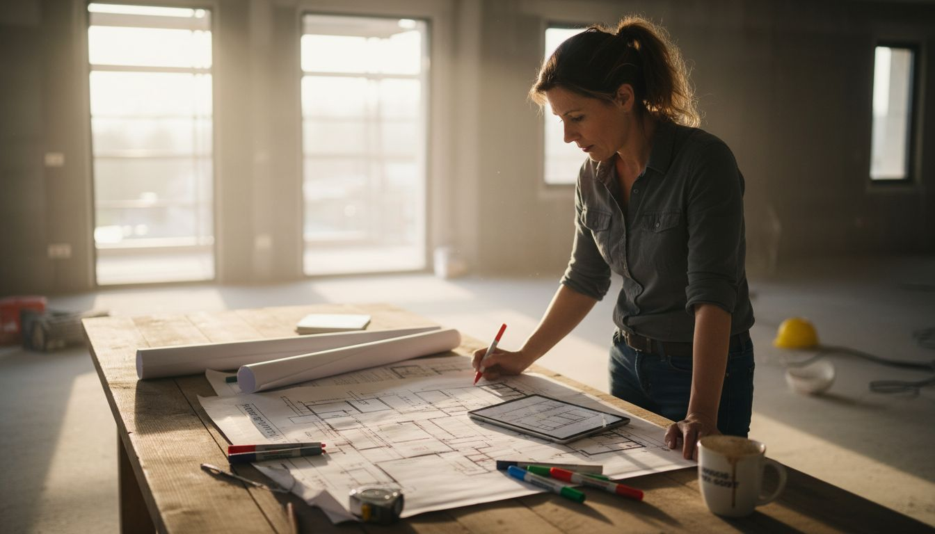 Eine Elektroingenieurin begutachtet am Schreibtisch aufmerksam die Baupläne.
