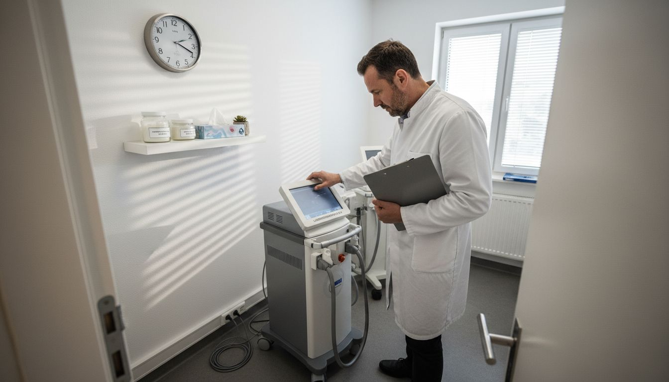 Ein Facharzt bereitet das Lasersystem für die bevorstehende Behandlung vor.