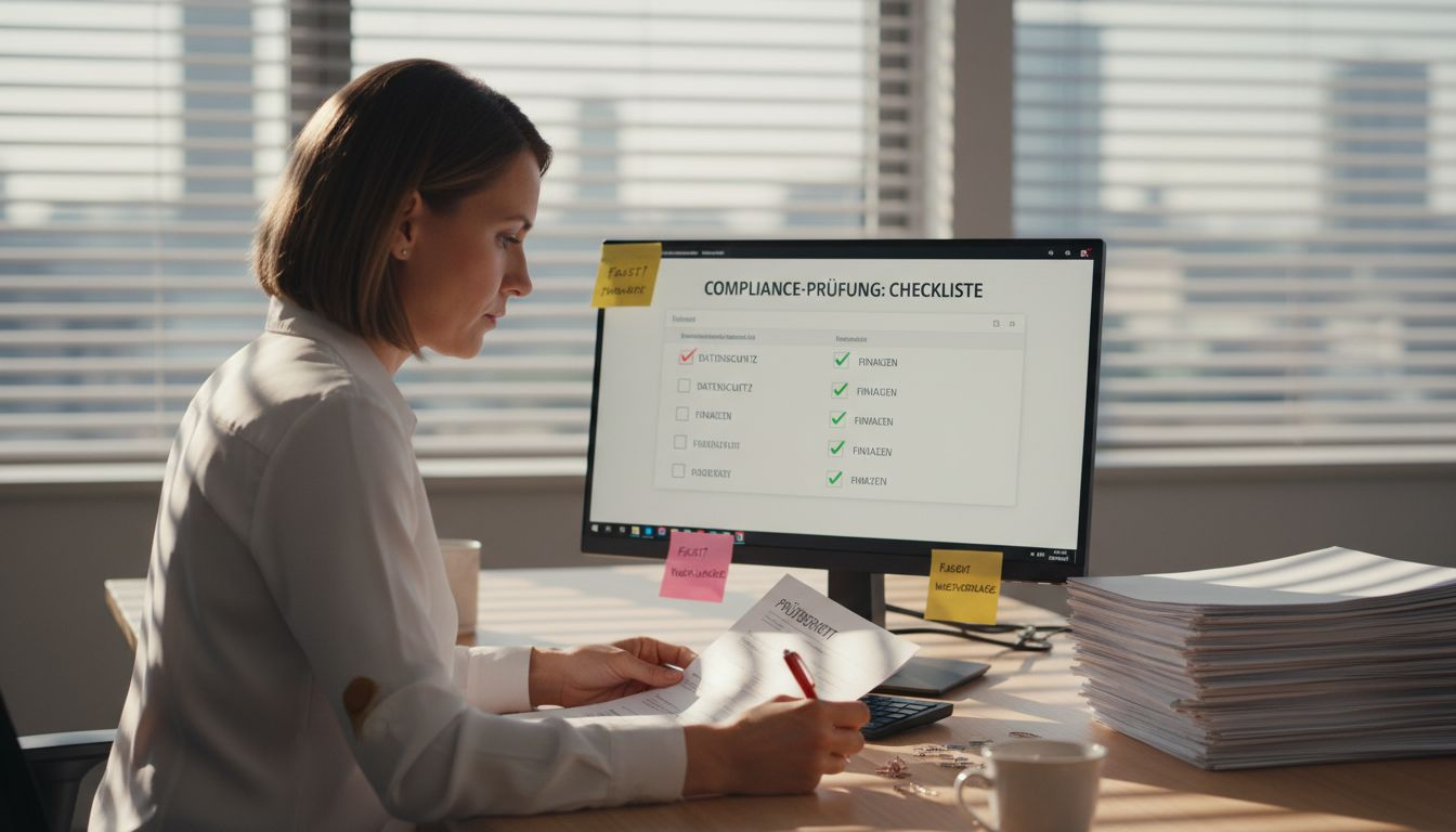 Ein Compliance-Beauftragter prüft sorgfältig die Unterlagen auf Einhaltung aller Vorschriften.