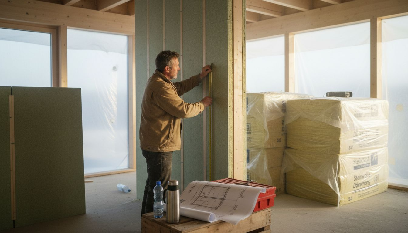 Eine Baustelle, bei der besonders auf nachhaltige und energieeffiziente Bauweise sowie moderne, umweltfreundliche Materialien gesetzt wird.