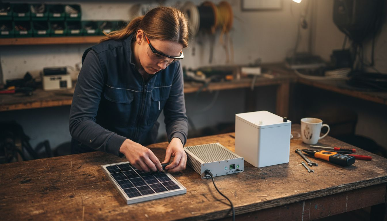 Eine Installateurin kontrolliert auf ihrem Arbeitstisch die Komponenten einer Photovoltaikanlage.