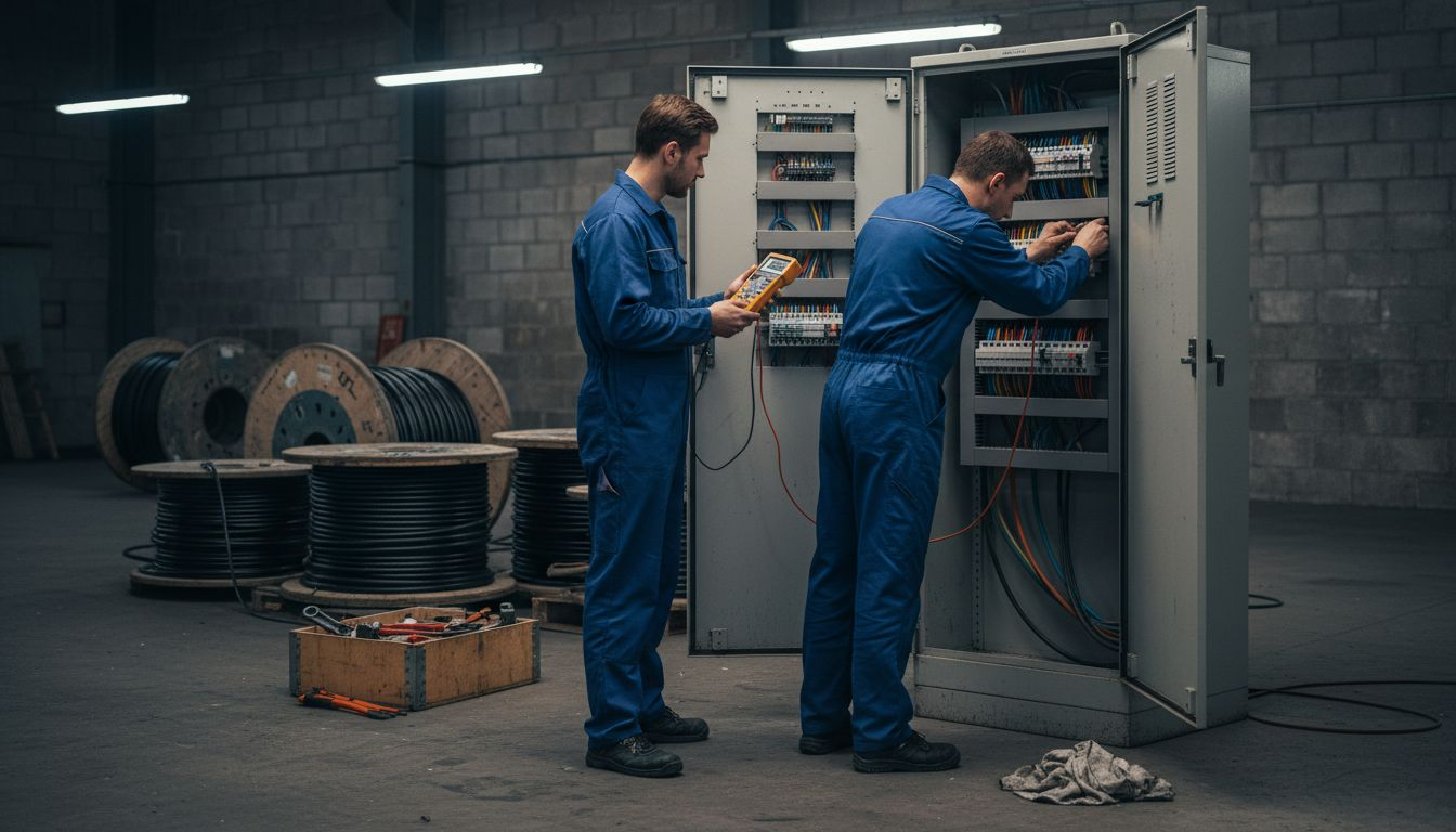 Fachkräfte kontrollieren die Verkabelung im Schaltschrank.