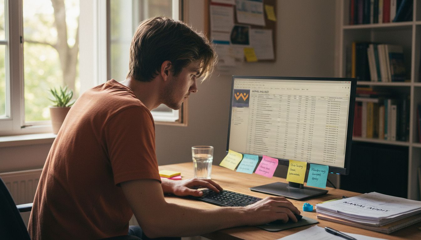 Ein Manager sitzt an seinem chaotischen Schreibtisch und wirft einen prüfenden Blick auf die Online-Präsenz seines Unternehmens.