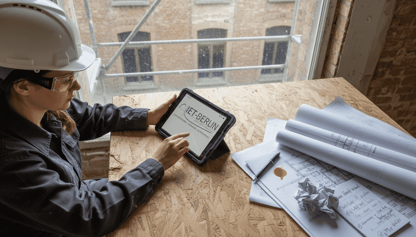 Eine Bauleiterin kontrolliert die technischen Pläne direkt auf dem Tablet.