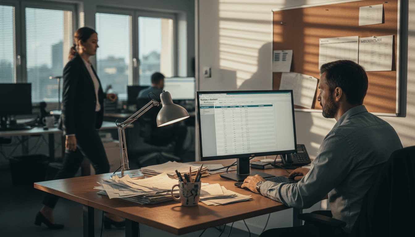 Der Personalmanager überprüft die Einsatzpläne der Zeitarbeitskräfte.