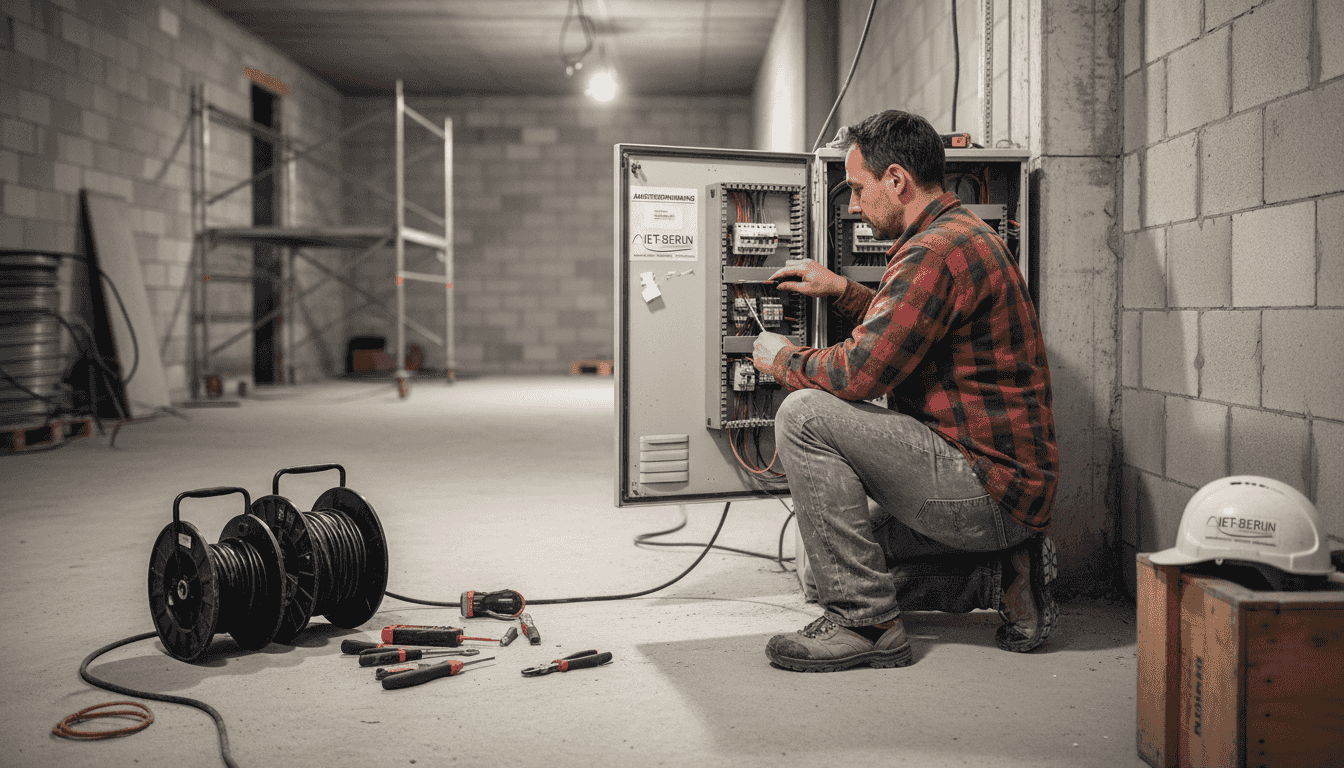 Ein Elektriker montiert einen neuen Verteilerkasten für die Stromversorgung.