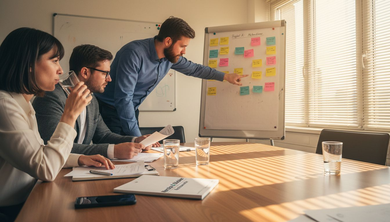 Ein Team sitzt an einem vollgepackten Besprechungstisch und tauscht sich über das aktuelle Projekt aus.